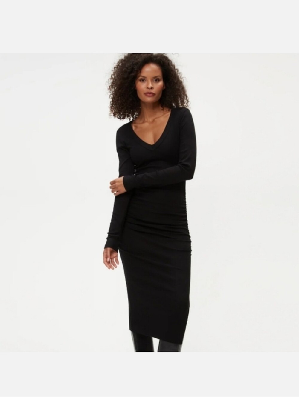 Michael Stars Black Long-Sleeve V-Neck Midi Dress. 100% American Made